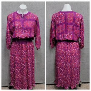 DIANE FREIS GEORGETTE PLEATED VINTAGE MIDI DRESS, SIZE